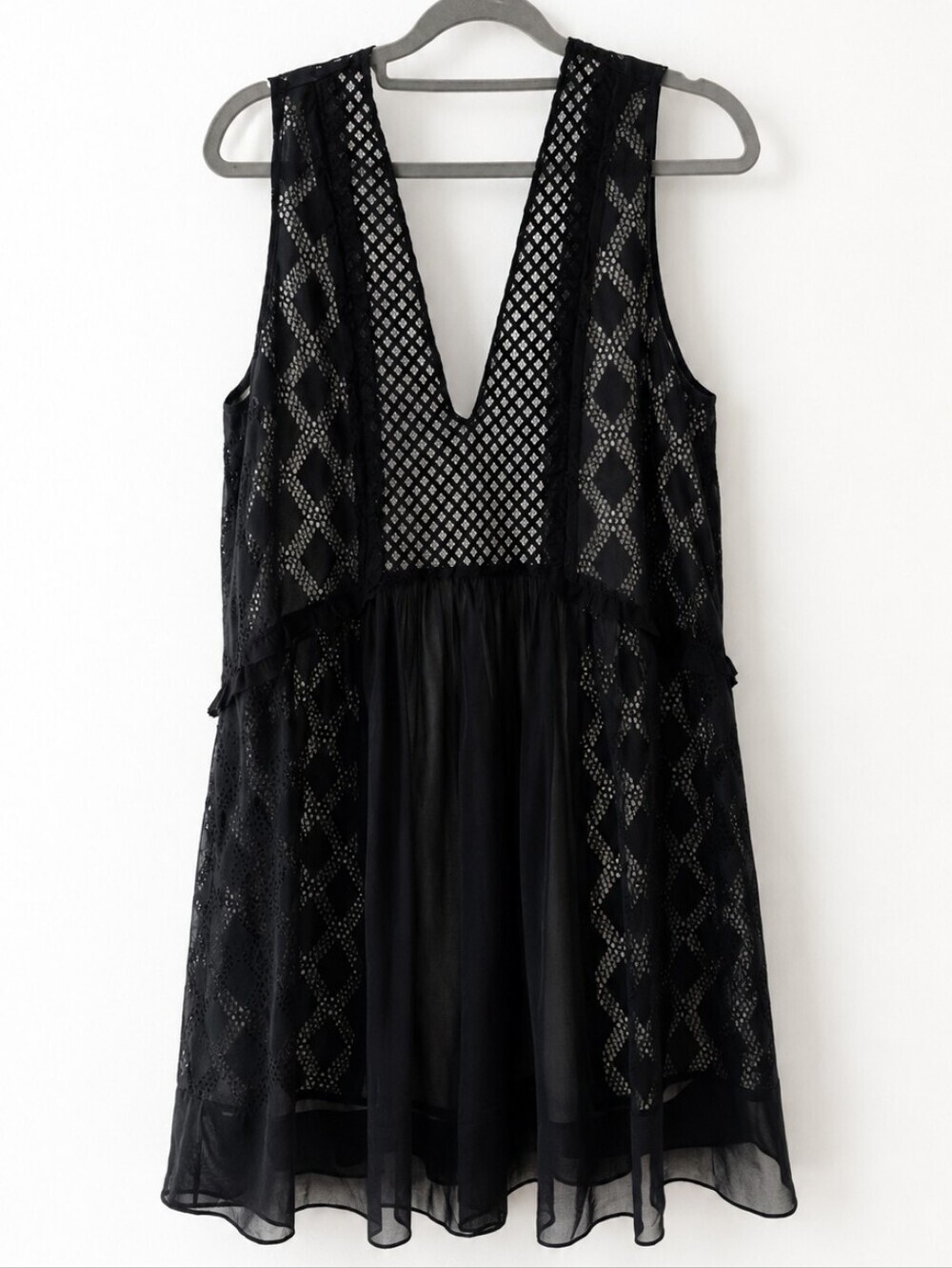 Sandro Paris Black Lace Mesh Mini Dress Sheer Sleeveless Boho Size 1 - Picture 2 of 9